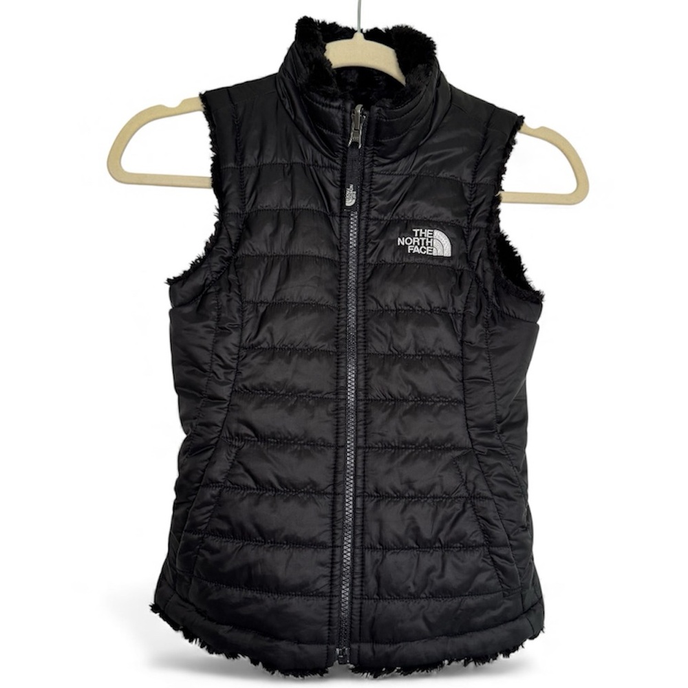 North Face Reversible Faux Fur Puffer Vest Jacket Zipper Front Black Size 6 Girl